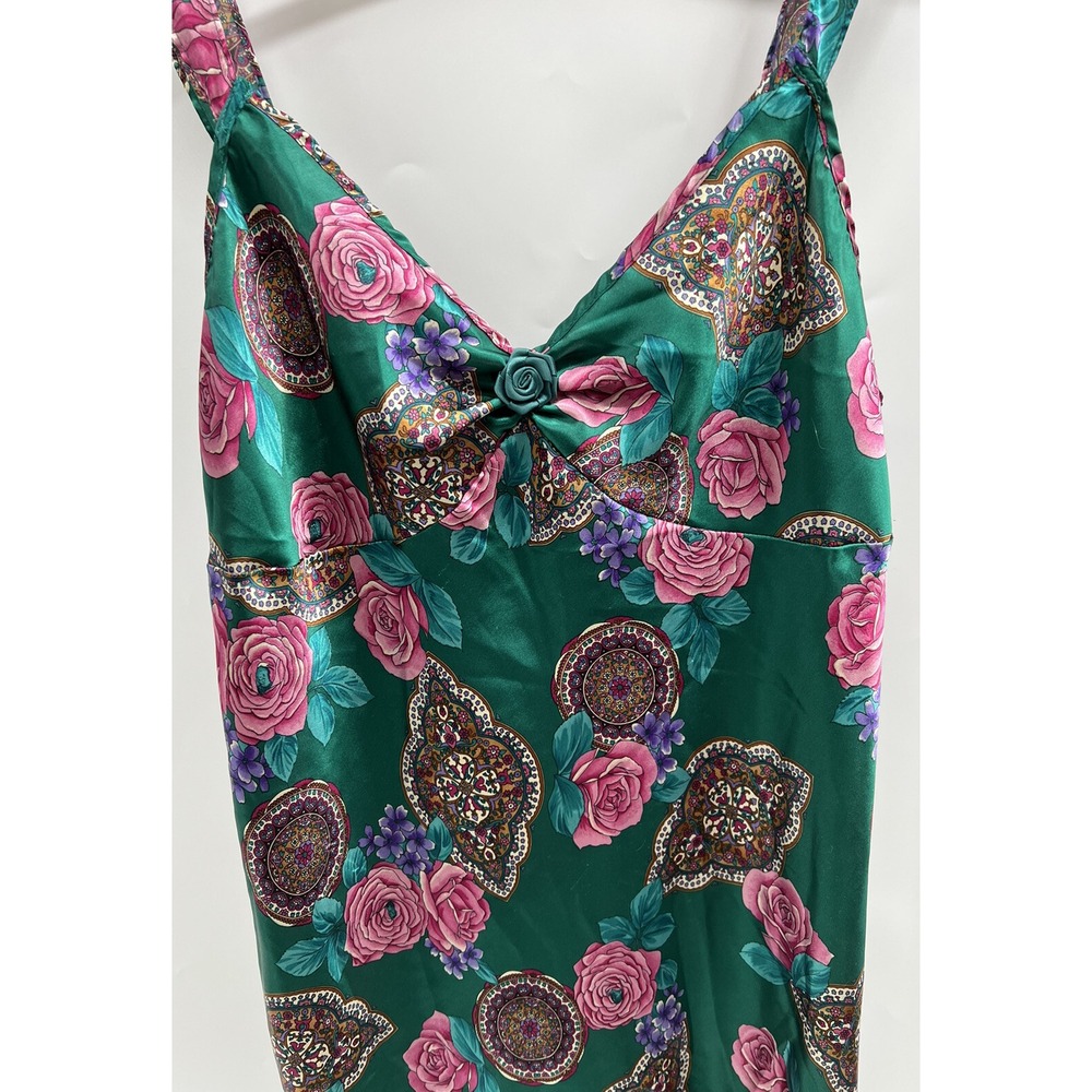 Adonna Satin Nightgown Women's Green Roses Size Large - Picture 2 of 6